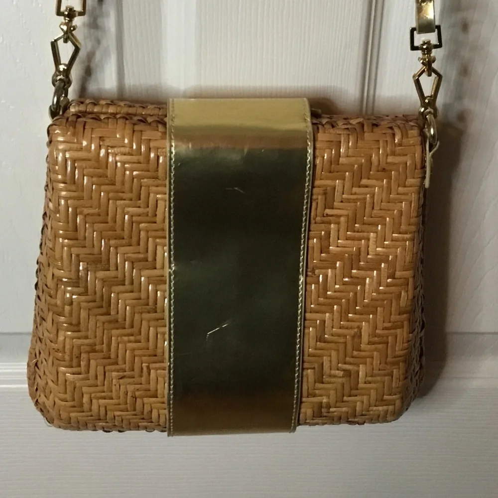Monsac Wicker & Gold Patent Leather Shoulder/Crossbody Bag
